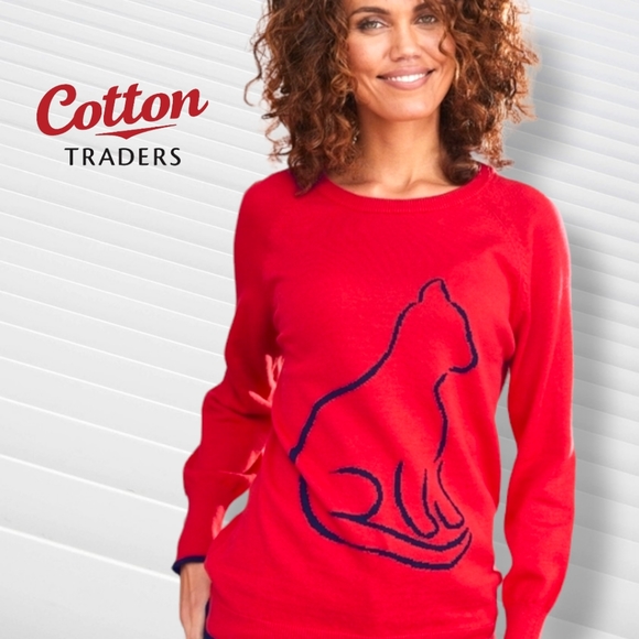 Cotton Traders Women's Red Cat Graphic Sweater Size 10 - Picture 4 of 15